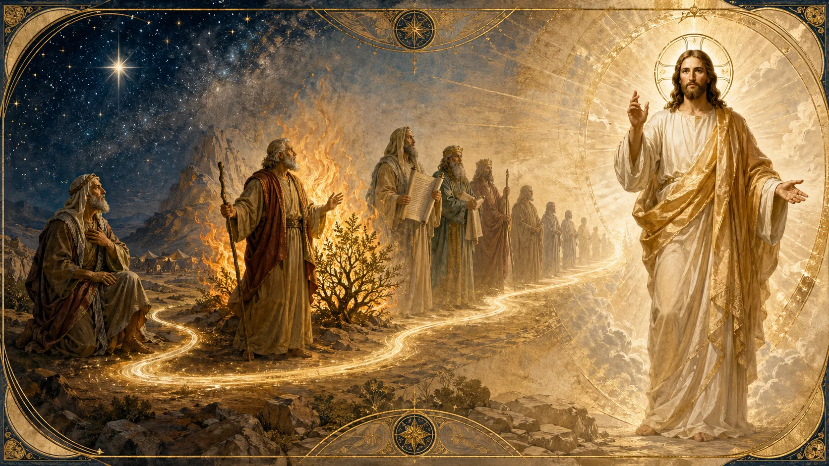 Divine revelation unfolding through Abraham, Moses, the prophets, and fulfilled in Jesus Christ.